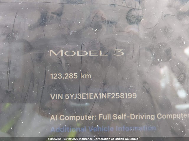 5YJ3E1EA1NF258199 Tesla Model 3 Rwd/standard Range