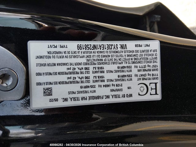 5YJ3E1EA1NF258199 Tesla Model 3 Rwd/standard Range