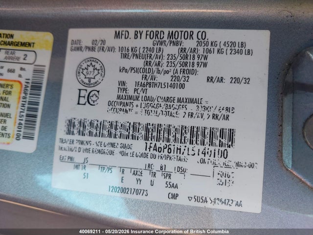 Продажа на аукционе авто 2020 Ford Mustang Ecoboost Premium, vin: 1FA6P8TH7L5140100, номер лота: 40069211