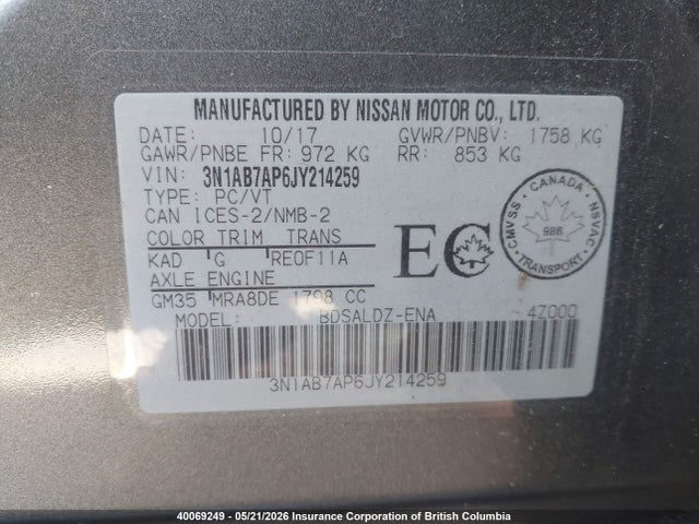 3N1AB7AP6JY214259 Nissan Sentra S/sv/sr/sl