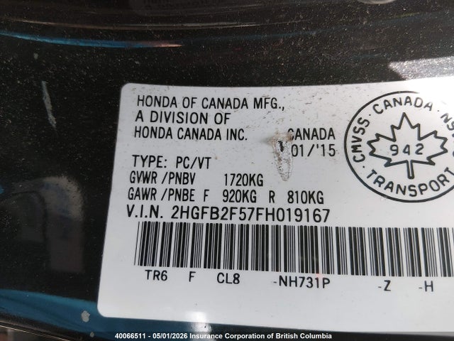 40066511 :رقم المزاد ، 2HGFB2F57FH019167 vin ، 2015 Honda Civic Lx مزاد بيع