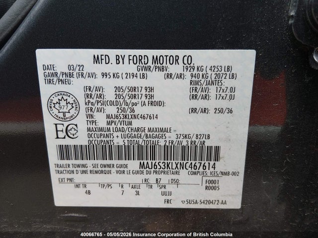 2022 Ford Ecosport Titanium მანქანა იყიდება აუქციონზე, vin: MAJ6S3KLXNC467614, აუქციონის ნომერი: 40066765
