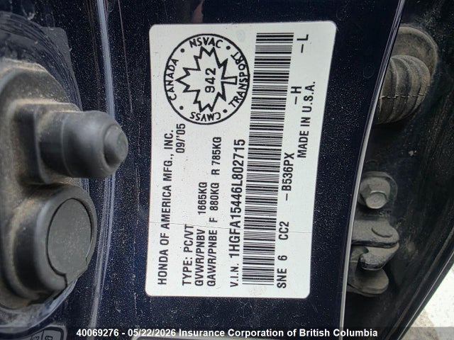 Aukcja sprzedaży 2006 Honda Civic, vin: 1HGFA15446L802715, numer aukcji: 40069276