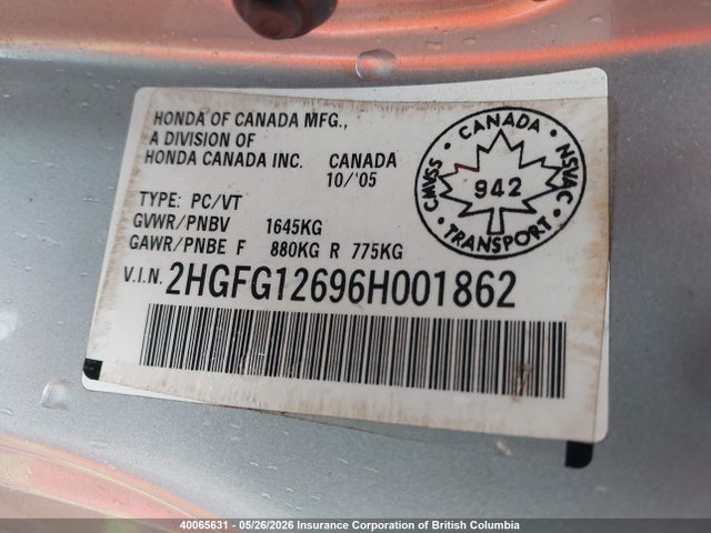 Продаж на аукціоні авто 2006 Honda Civic Lx, vin: 2HGFG12696H001862, номер лоту: 40065631