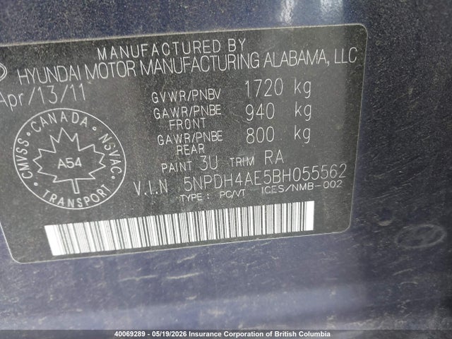 Продажа на аукционе авто 2011 Hyundai Elantra Gls/limited, vin: 5NPDH4AE5BH055562, номер лота: 40069289