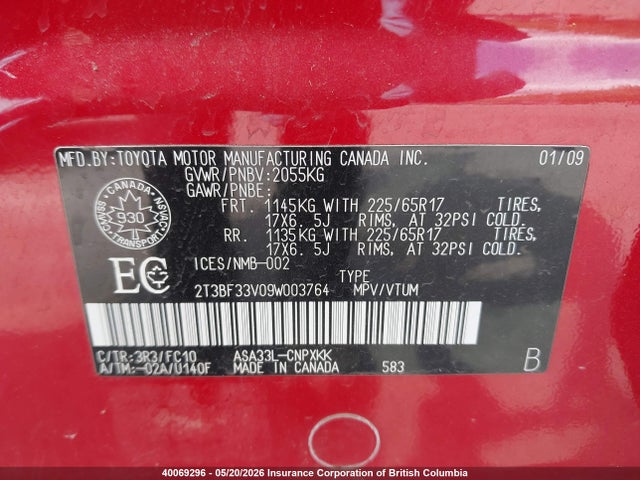 Aukcja sprzedaży 2009 Toyota Rav4, vin: 2T3BF33V09W003764, numer aukcji: 40069296