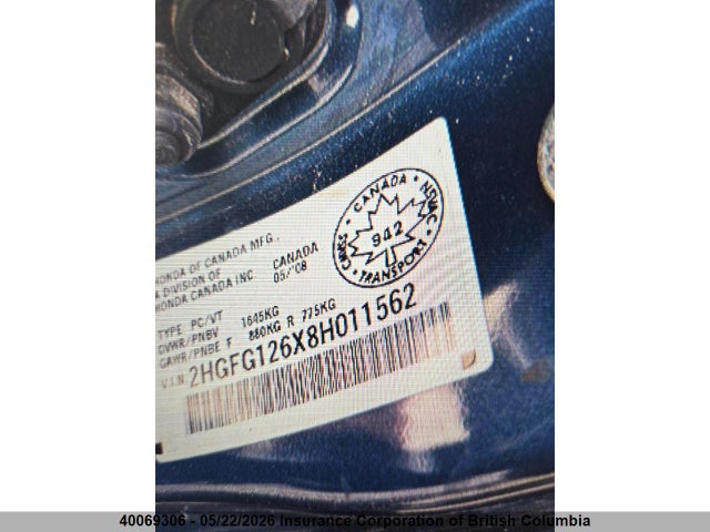 40069306 :رقم المزاد ، 2HGFG126X8H011562 vin ، 2008 Honda Civic مزاد بيع