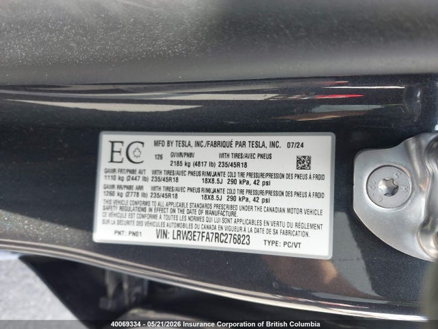 Продаж на аукціоні авто 2024 Tesla Model 3, vin: LRW3E7FA7RC276823, номер лоту: 40069334