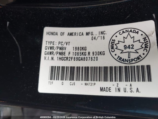 1HGCR2F69GA807620 Honda Accord Sport