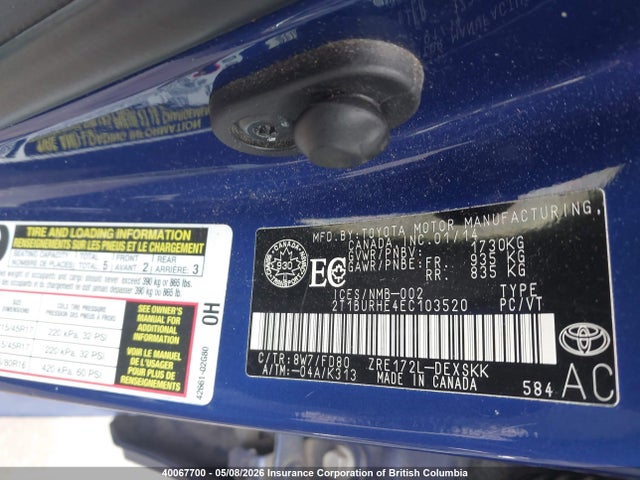 Aukcja sprzedaży 2014 Toyota Corolla L/le/le Pls/prm/s/s Pls, vin: 2T1BURHE4EC103520, numer aukcji: 40067700