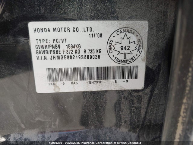 2009 Honda Fit მანქანა იყიდება აუქციონზე, vin: JHMGE88219S809026, აუქციონის ნომერი: 40069360