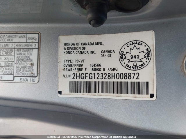 Продаж на аукціоні авто 2008 Honda Civic, vin: 2HGFG12328H008872, номер лоту: 40069363