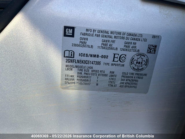 Aukcja sprzedaży 2012 Chevrolet Equinox Lt, vin: 2GNFLNEK8C6147386, numer aukcji: 40069369