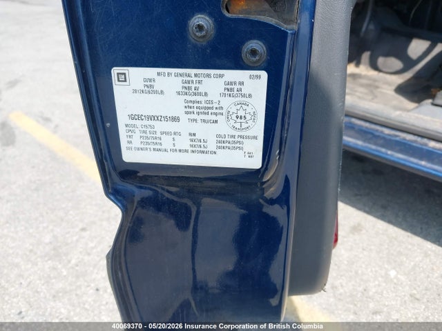 40069370 :رقم المزاد ، 1GCEC19VXXZ151869 vin ، 1999 Chevrolet Silverado C1500 مزاد بيع