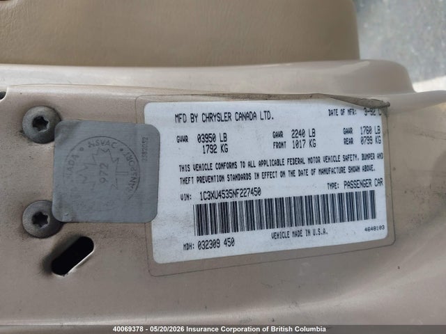 40069378 :رقم المزاد ، 1C3XU4535NF227450 vin ، 1992 Chrysler Lebaron مزاد بيع