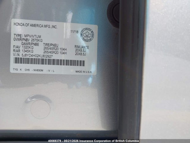 5J8YD4H02KL802927 Acura MDX