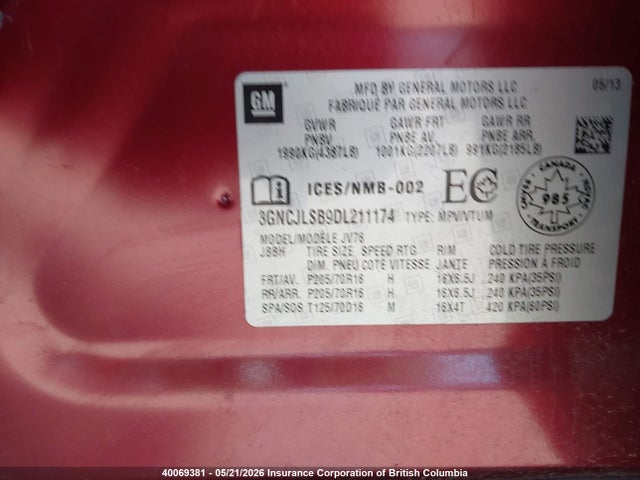 Продажа на аукционе авто 2013 Chevrolet Trax, vin: 3GNCJLSB9DL211174, номер лота: 40069381