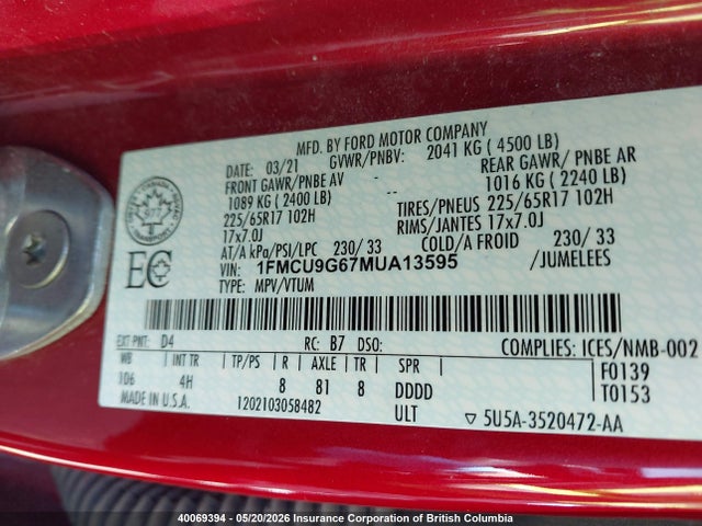 2021 Ford Escape Se მანქანა იყიდება აუქციონზე, vin: 1FMCU9G67MUA13595, აუქციონის ნომერი: 40069394