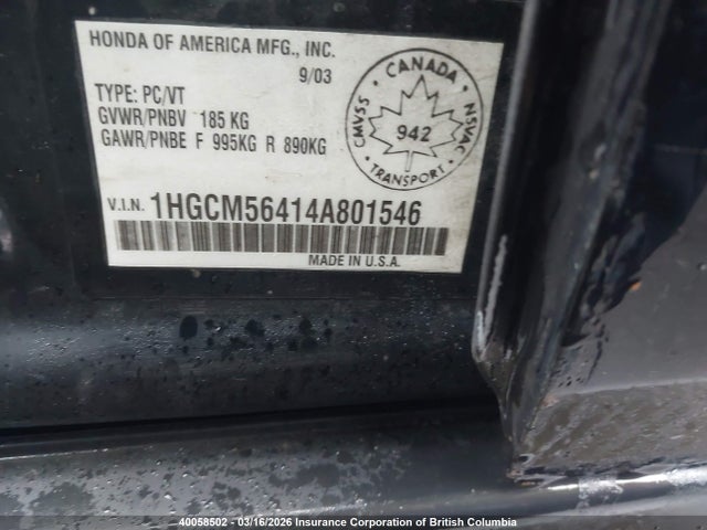 Aukcja sprzedaży 2004 Honda Accord Lx, vin: 1HGCM56414A801546, numer aukcji: 40058502