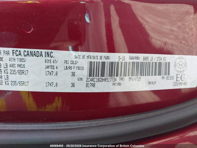 Aukcja sprzedaży 2017 Chrysler Pacifica Touring L, vin: 2C4RC1BG9HR517734, numer aukcji: 40069400