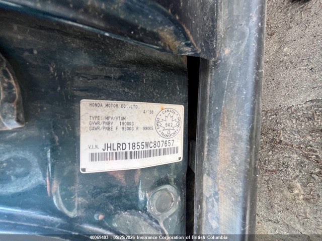 Продаж на аукціоні авто 1998 Honda Cr-v, vin: JHLRD1855WC807657, номер лоту: 40069403