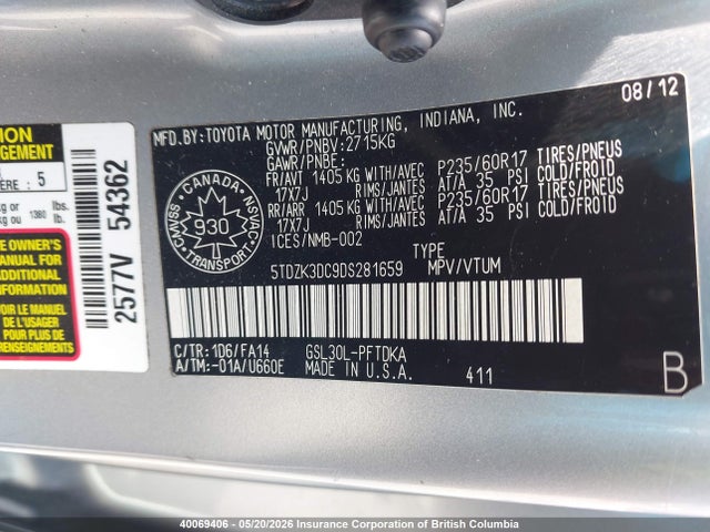 Продаж на аукціоні авто 2013 Toyota Sienna, vin: 5TDZK3DC9DS281659, номер лоту: 40069406