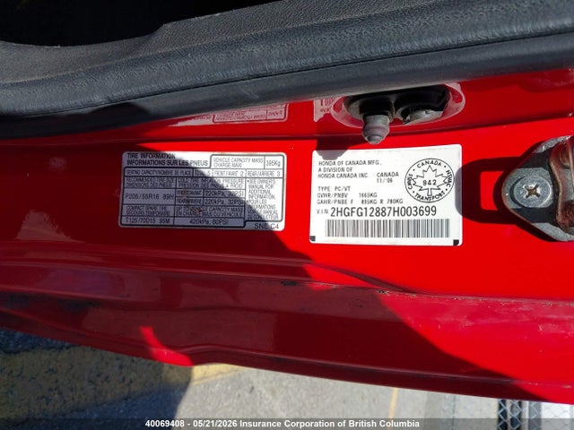 40069408 :رقم المزاد ، 2HGFG12887H003699 vin ، 2007 Honda Civic مزاد بيع
