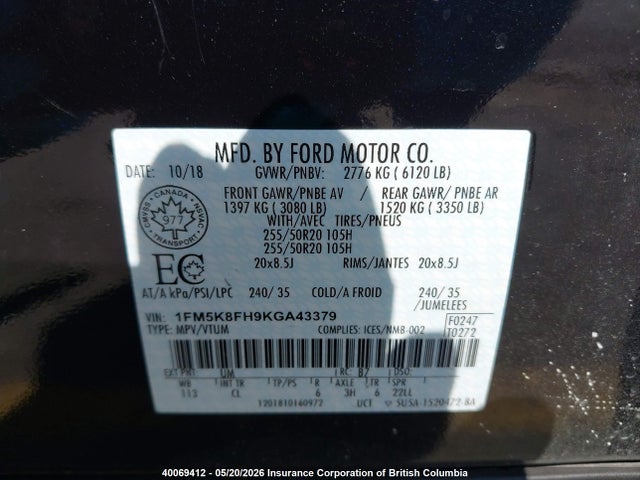 40069412 :رقم المزاد ، 1FM5K8FH9KGA43379 vin ، 2019 Ford Explorer Limited مزاد بيع