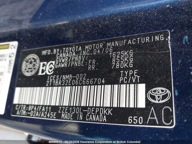 40069413 :رقم المزاد ، 2T1BR32E06C666704 vin ، 2006 Toyota Corolla Ce/le/s مزاد بيع