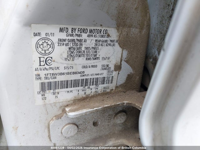 40061239 :رقم المزاد ، 1FT8W3B61BEB83435 vin ، 2011 Ford F350 Super Duty مزاد بيع