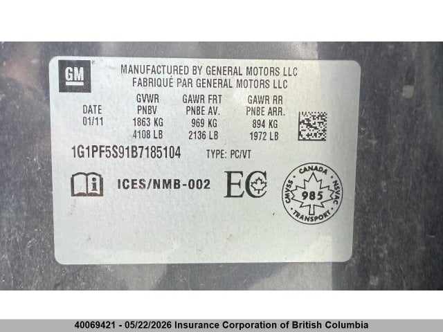 Aukcja sprzedaży 2011 Chevrolet Cruze, vin: 1G1PF5S91B7185104, numer aukcji: 40069421
