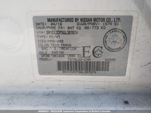 Aukcja sprzedaży 2016 Nissan Versa, vin: 3N1CE2CP3GL397674, numer aukcji: 40069433