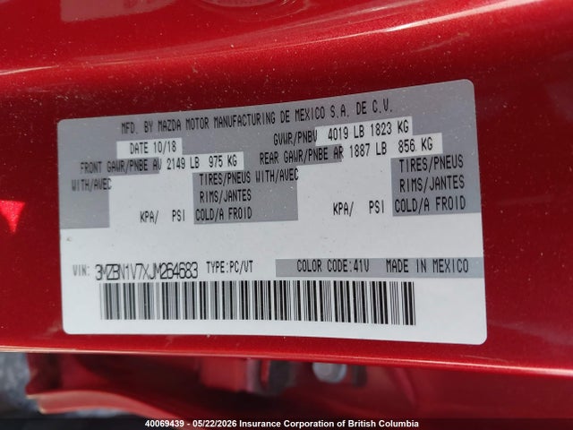 3MZBN1V7XJM264683 Mazda 3 Gs