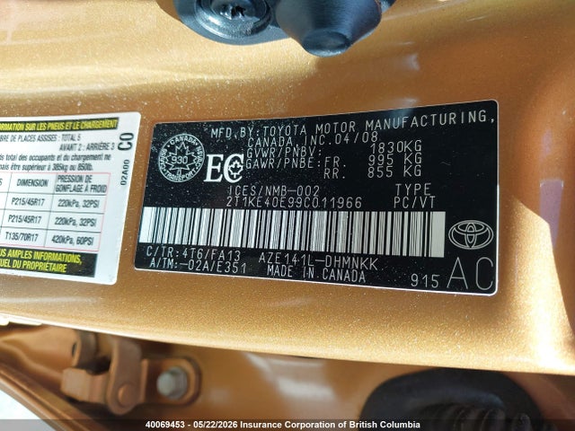 40069453 :رقم المزاد ، 2T1KE40E99C011966 vin ، 2009 Toyota Corolla Matrix S مزاد بيع