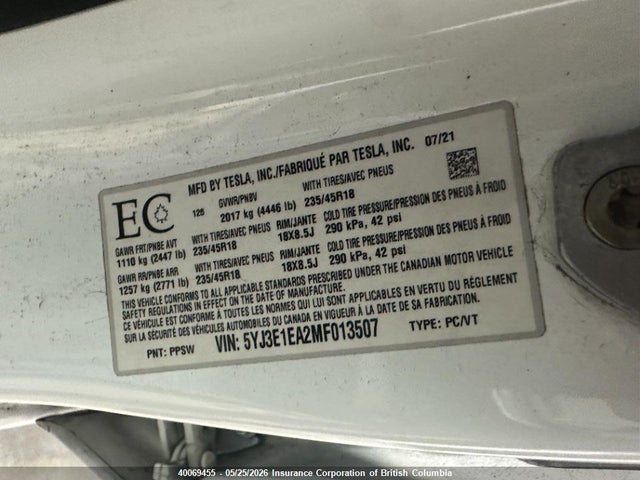 Aukcja sprzedaży 2021 Tesla Model 3, vin: 5YJ3E1EA2MF013507, numer aukcji: 40069455