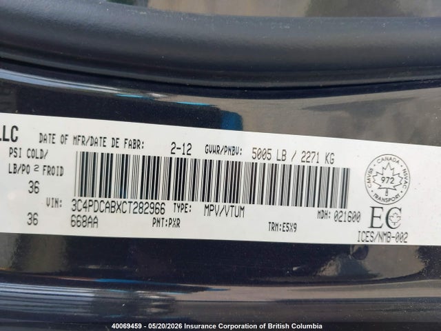 2012 Dodge Journey Se მანქანა იყიდება აუქციონზე, vin: 3C4PDCABXCT282966, აუქციონის ნომერი: 40069459