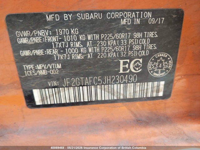 JF2GTAFC5JH230490 Subaru Crosstrek Premium