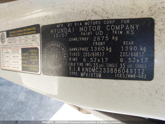 2008 Hyundai Entourage Gl/gls/l/limited მანქანა იყიდება აუქციონზე, vin: KNDMC233886049112, აუქციონის ნომერი: 40069515