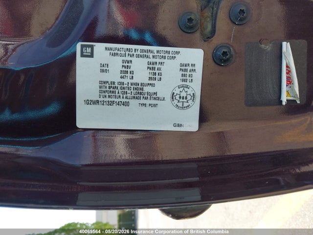 40069564 :رقم المزاد ، 1G2WR12132F147400 vin ، 2002 Pontiac Grand Prix Gtp مزاد بيع