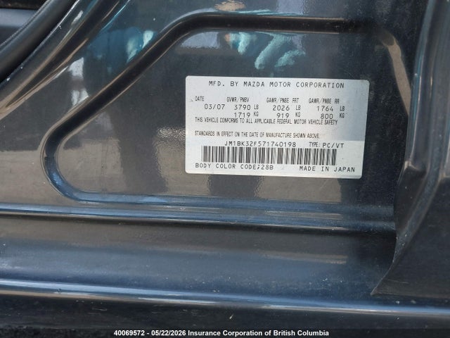 Aukcja sprzedaży 2007 Mazda 3 I, vin: JM1BK32F571740198, numer aukcji: 40069572