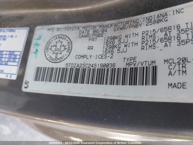 40069582 :رقم المزاد ، 5TDZA23C24S190036 vin ، 2004 Toyota Sienna Ce/le مزاد بيع