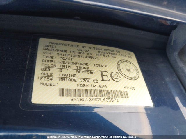Aukcja sprzedaży 2007 Nissan Versa, vin: 3N1BC13E67L435571, numer aukcji: 40069592