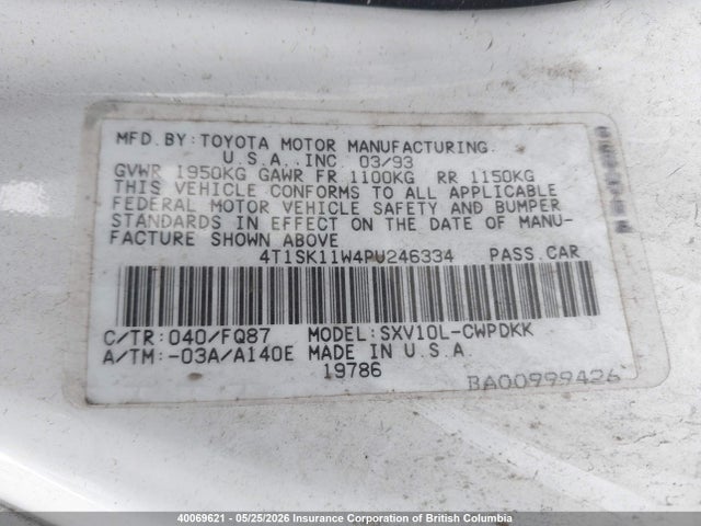 Aukcja sprzedaży 1993 Toyota Camry, vin: 4T1SK11W4PU246334, numer aukcji: 40069621
