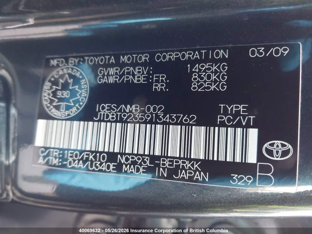 2009 Toyota Yaris მანქანა იყიდება აუქციონზე, vin: JTDBT923591343762, აუქციონის ნომერი: 40069632