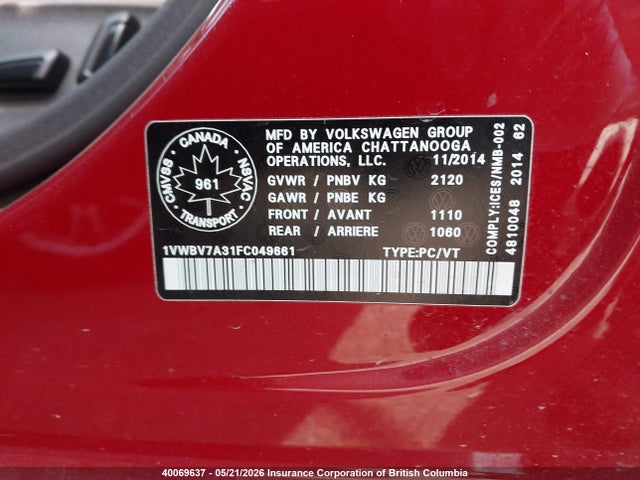2015 Volkswagen Passat Se მანქანა იყიდება აუქციონზე, vin: 1VWBV7A31FC049661, აუქციონის ნომერი: 40069637