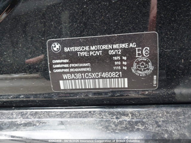 40063459 :رقم المزاد ، WBA3B1C5XCF460821 vin ، 2012 Bmw 320 I مزاد بيع