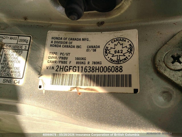 2008 Honda Civic მანქანა იყიდება აუქციონზე, vin: 2HGFG11638H006088, აუქციონის ნომერი: 40069678