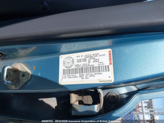 40069702 :رقم المزاد ، JTDBT1239Y0059380 vin ، 2000 Toyota Echo مزاد بيع