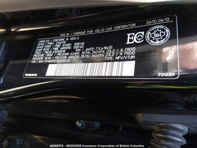 40066578 :رقم المزاد ، YV4902DZ3D2460434 vin ، 2013 Volvo Xc60 T6 T6 مزاد بيع