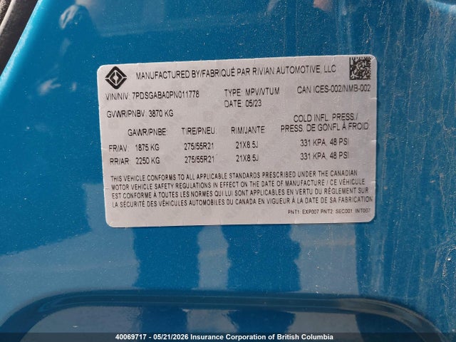 40069717 :رقم المزاد ، 7PDSGABA0PN011778 vin ، 2023 Rivian R1s مزاد بيع